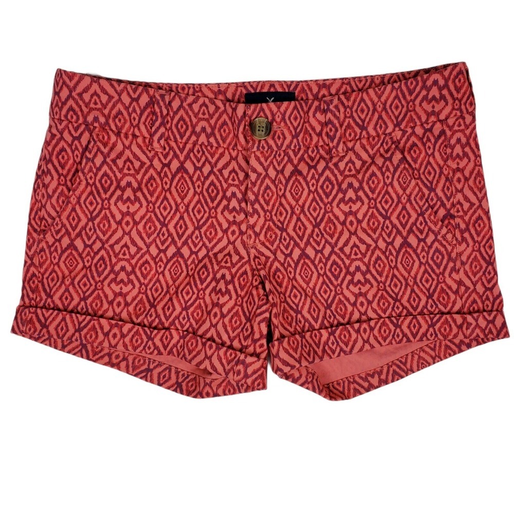 American Eagle‎ Shorts Sz 4 Twill Midi Stretch Pink Geometric Print Rolled Cuff